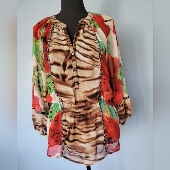 Calvin Klein Floral Animal Print Brown Tunic Top Size Medium - Picture 1 of 10